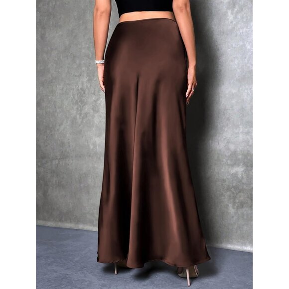 Elegant Satin Maxi Skirt for Women High Waisted Deep Brown Silk Dressy Casul - Picture 6 of 7